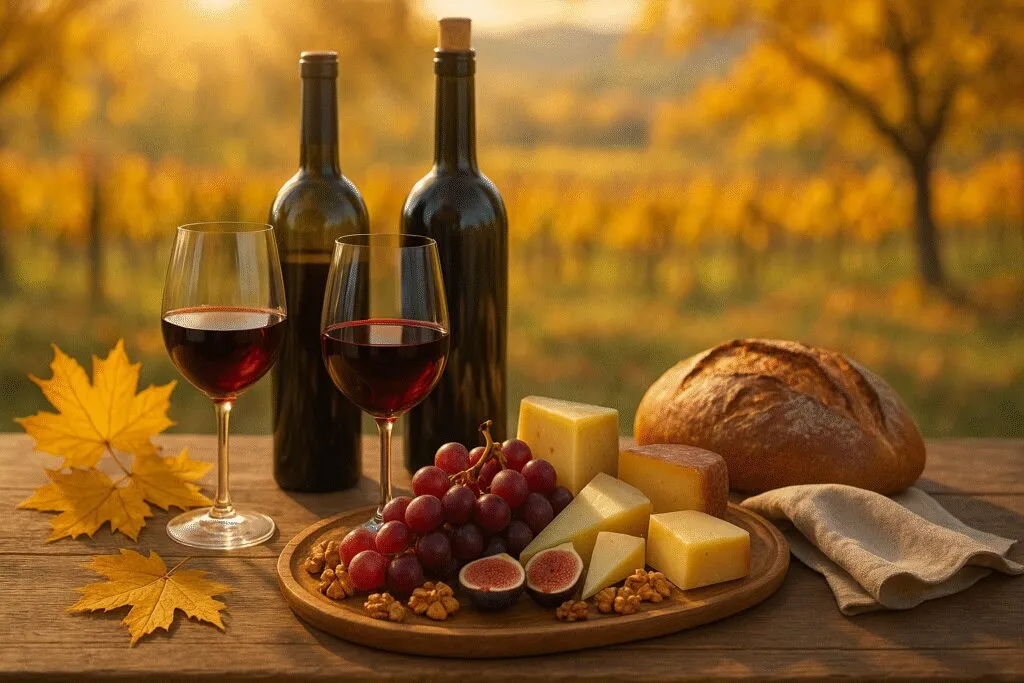 Două pahare de vin roșu, sticle, brânzeturi și pâine pe o masă, cu vie toamna în fundal