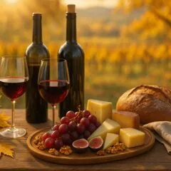 Două pahare de vin roșu lângă brânză, struguri și pâine