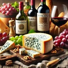Brânză, pâine și un pahar de vin roșu pe un platou